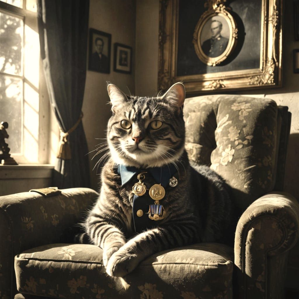 Serene Cat with Vintage Military Artefacts as Impasto Photog...