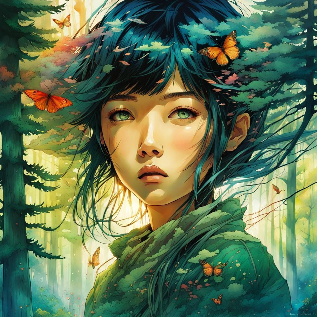 Anime Girl Forest Hair Double Exposure Art