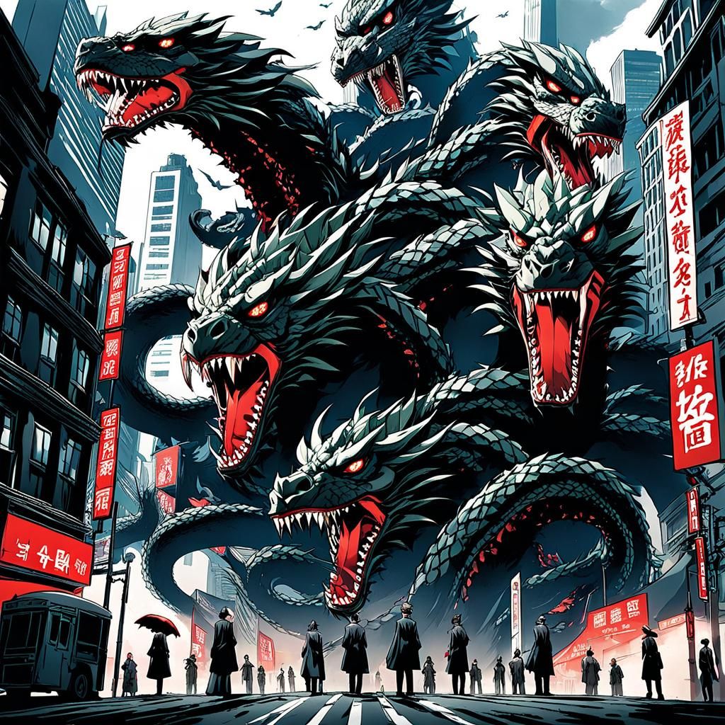 Hydra Tramples City: Anime-Inspired Monster Art
