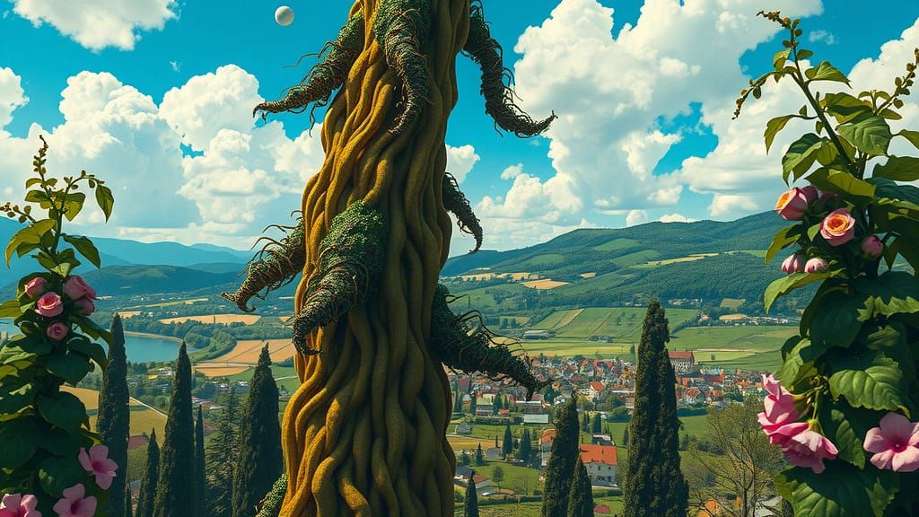 Giant Beanstalk Above Village, Hyperrealistic Digital Art