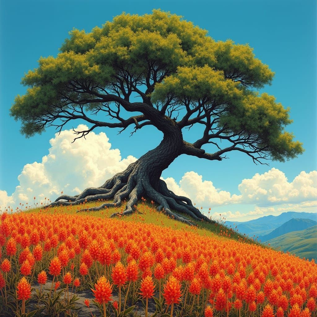 Hyperdetailed Ink Drawing of Tree on Hill