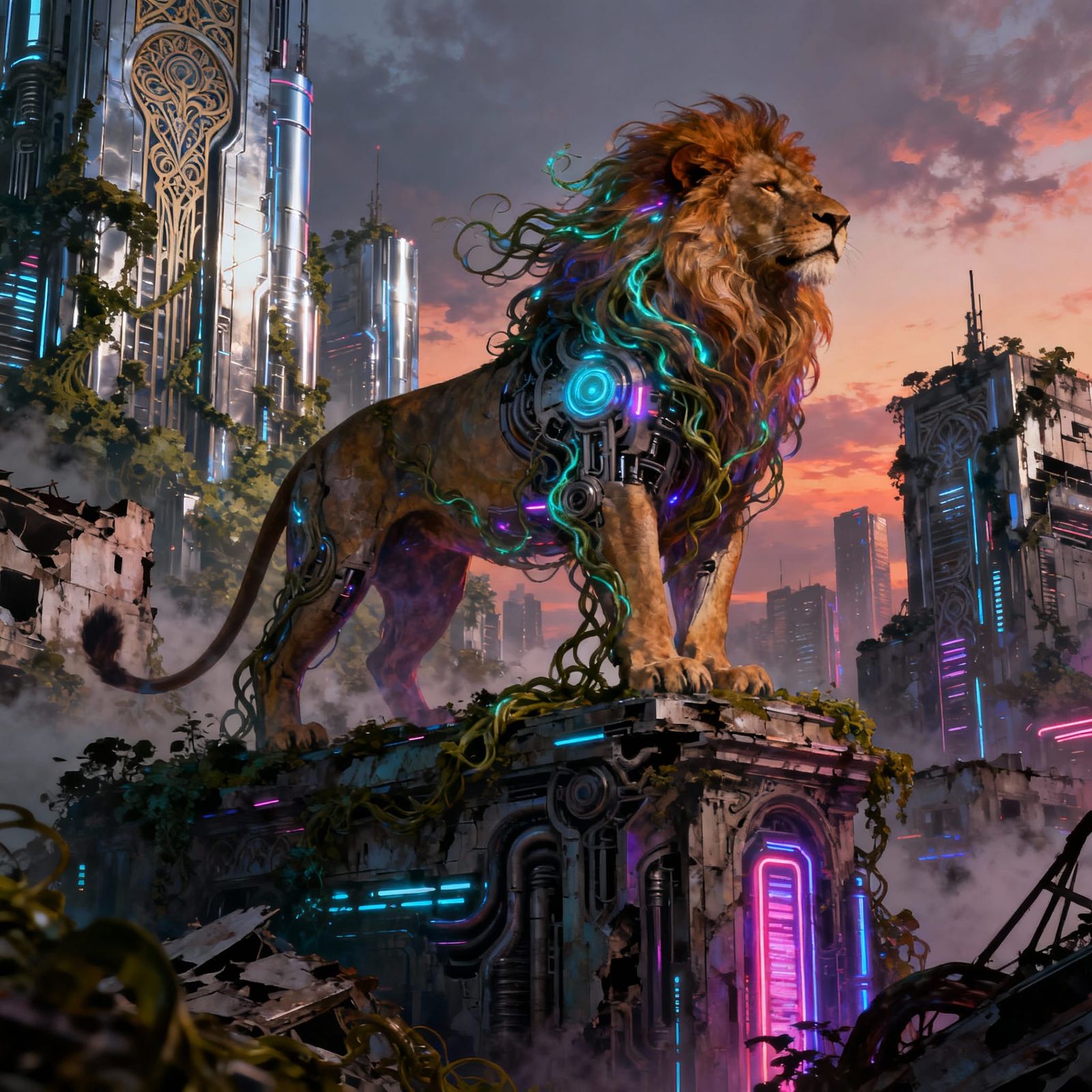 Bioluminescent Lion in Ruined Cyberpunk City