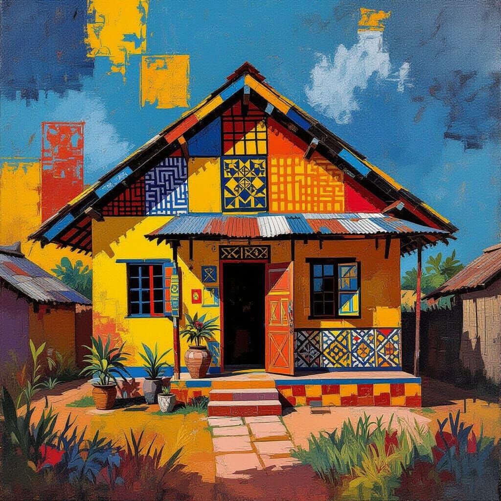 Colorful Traditional African House in Mixed Media Style