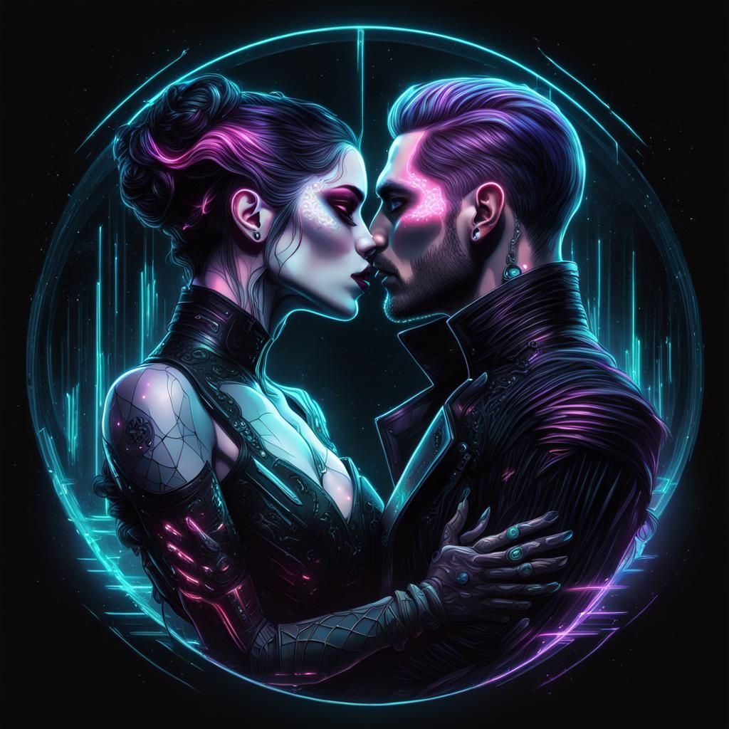 Gothic Couple Kissing Hologram in Cyberpunk Style