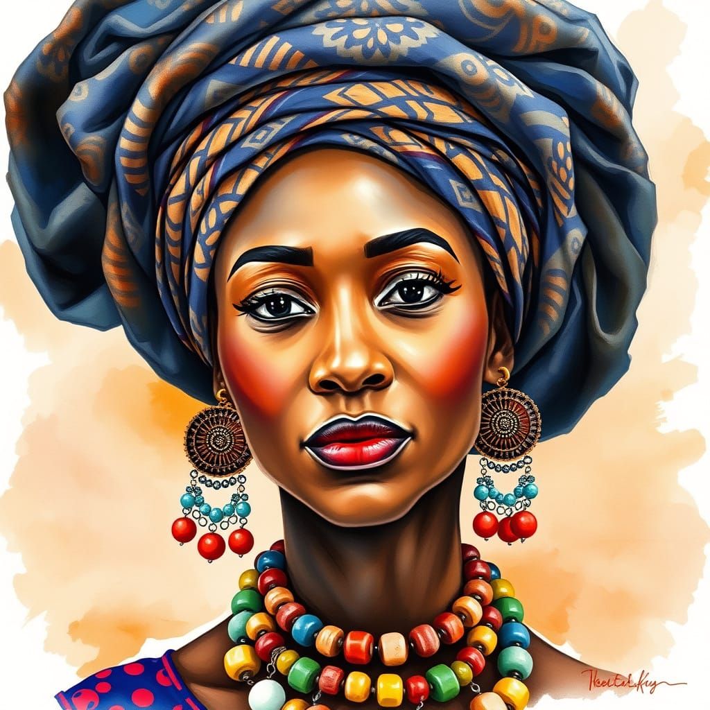 African Woman in Vibrant Watercolor Turban