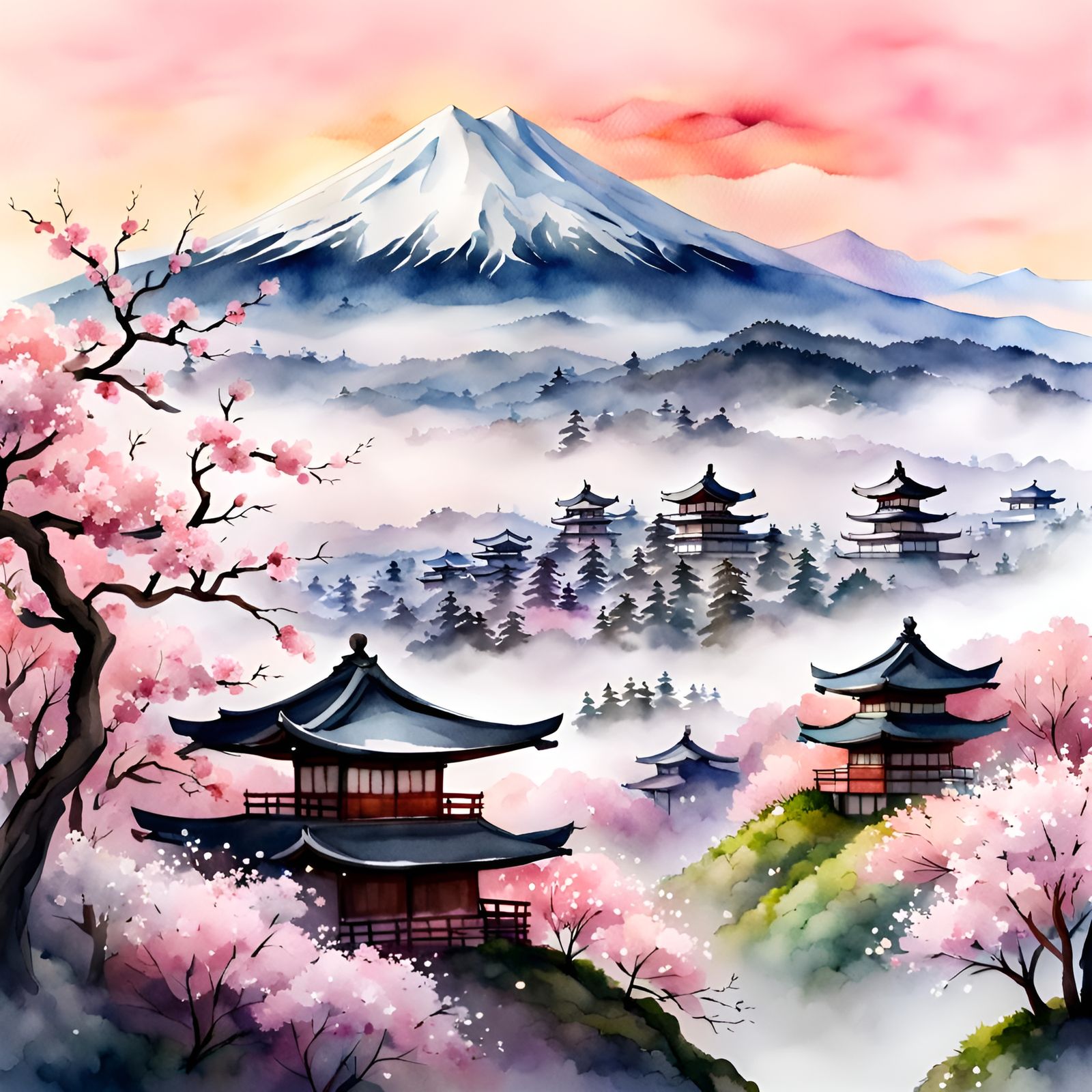 Watercolor Japanese Village with Blossoms and Mountains