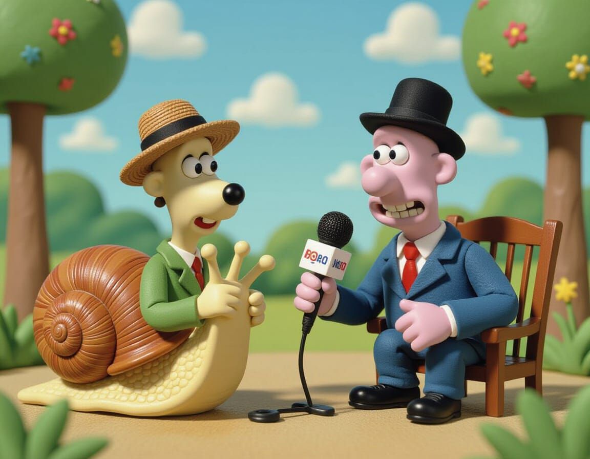 Snail Journalist Interviews Wallace and Gromit in Claymation