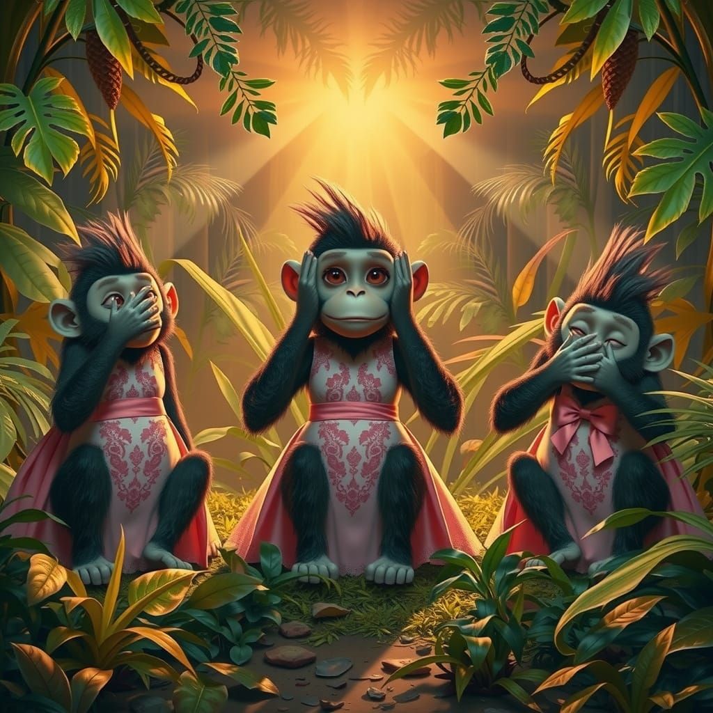 Three Wise Monkeys in Jungle, Pixar-Inspired 3D Animation