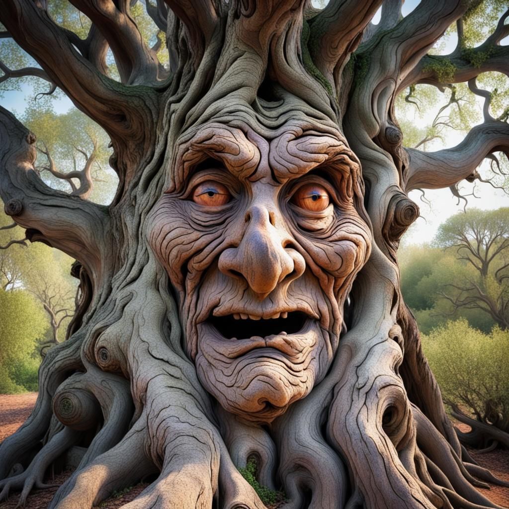 Wise Old Tree with Caring Face: Maximalist Image