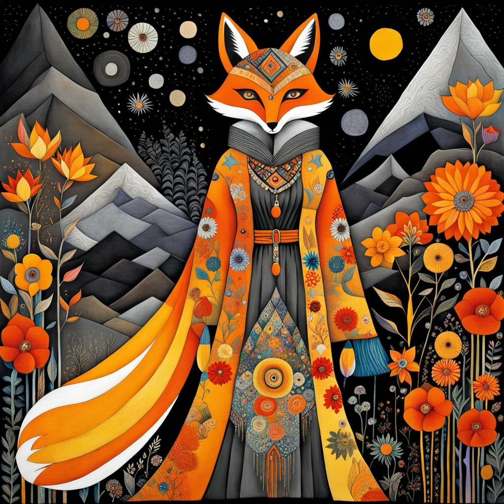 Beautiful Patchwork Fox Woman,  Grand Entrance, Kitsune,  Flowers  Native American Fox spirit-woman Wear in a Million Ma...