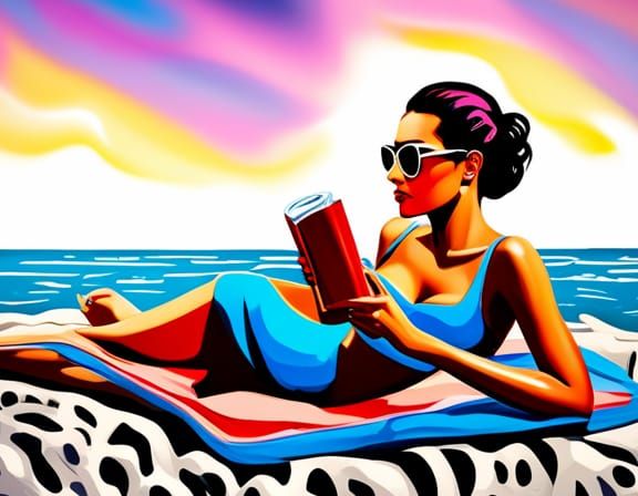 Woman Reading on Beach in Graffiti Art Style
