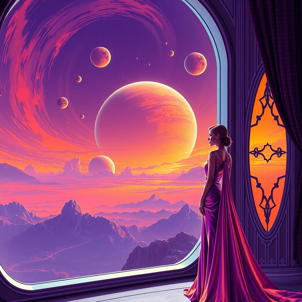 Fantasy Woman Gazing at Sci-Fi Vista