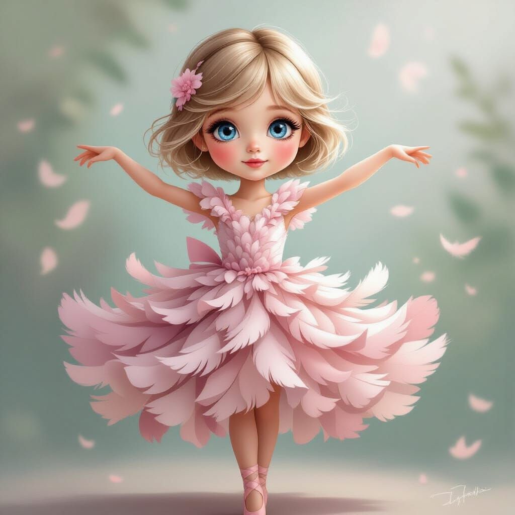 Ethereal Girl in Feather Dress: A Digital Illustration