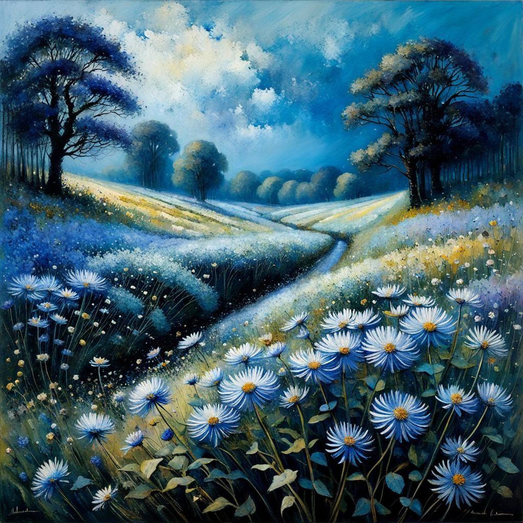 Blue Asters Bending: An Intricate Surrealist Painting