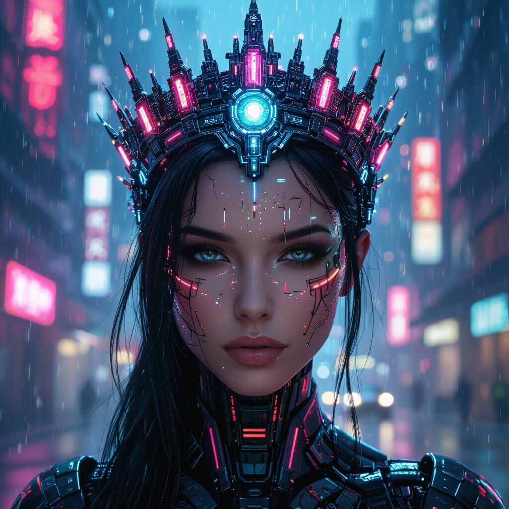 Cyberpunk Cyborg Queen with Neon Crown