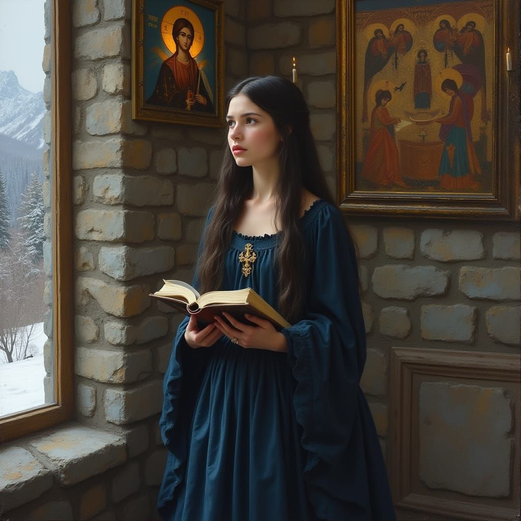 Serene Russian Princess in Contemplation, Oil Painting Style
