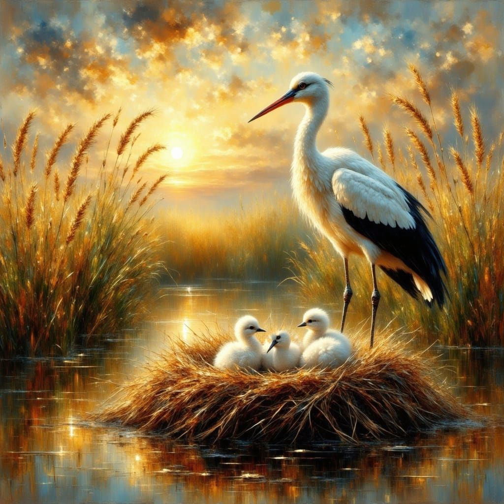 Stork Family at Sunset: An Oil Painting