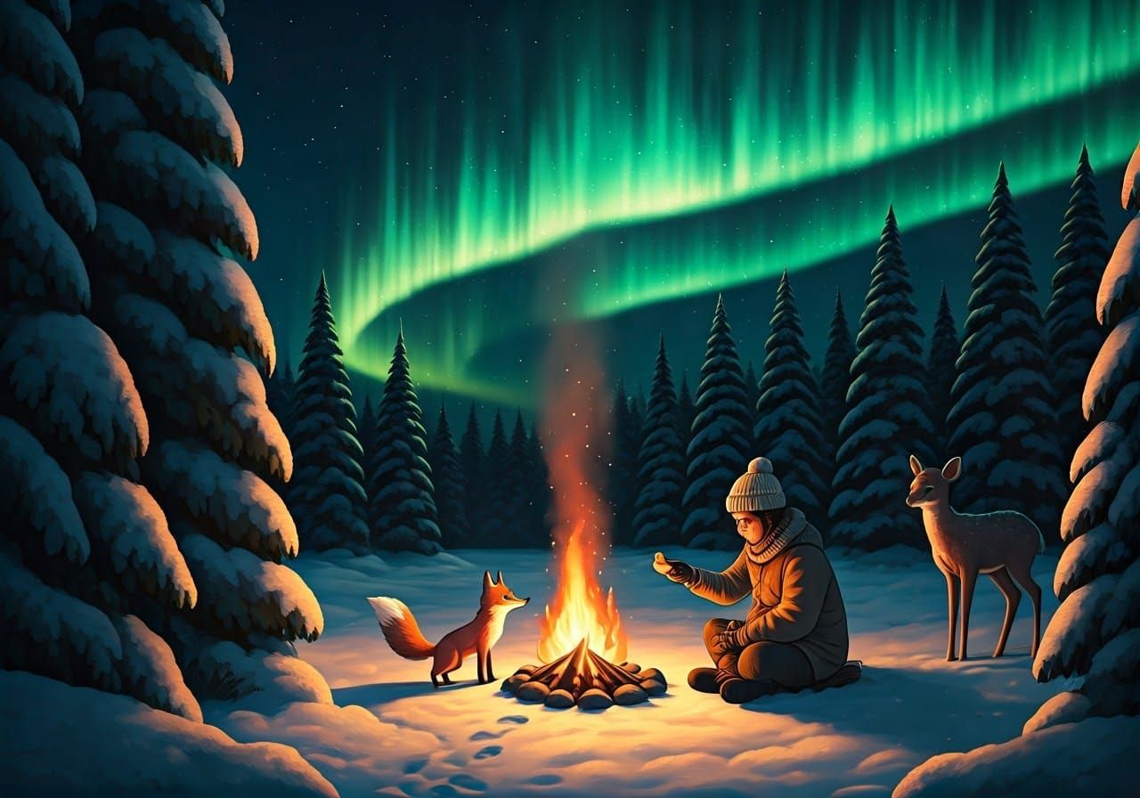 Winter Camping Scene in Magical Realism Style