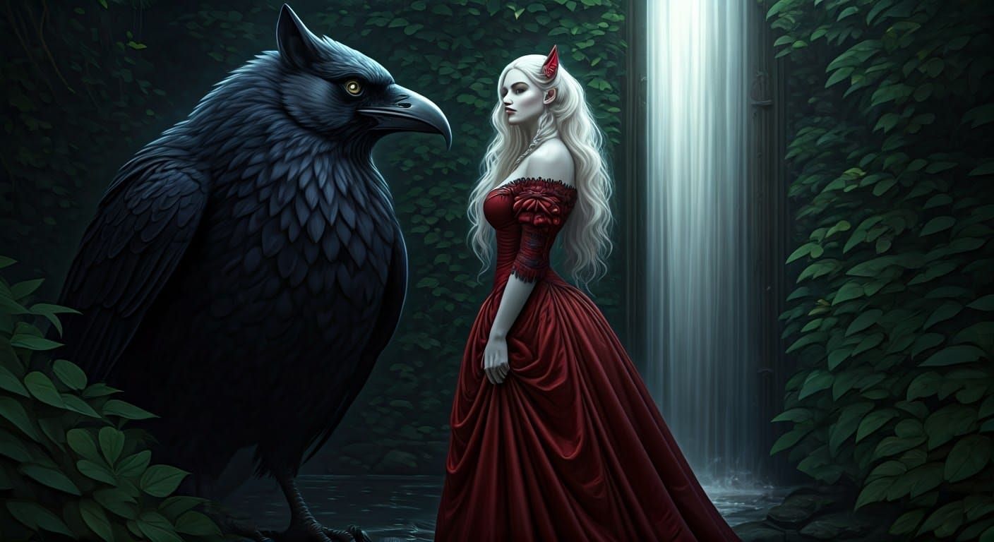 Half-Raven Woman in Victorian Gown, Pre-Raphaelite Style