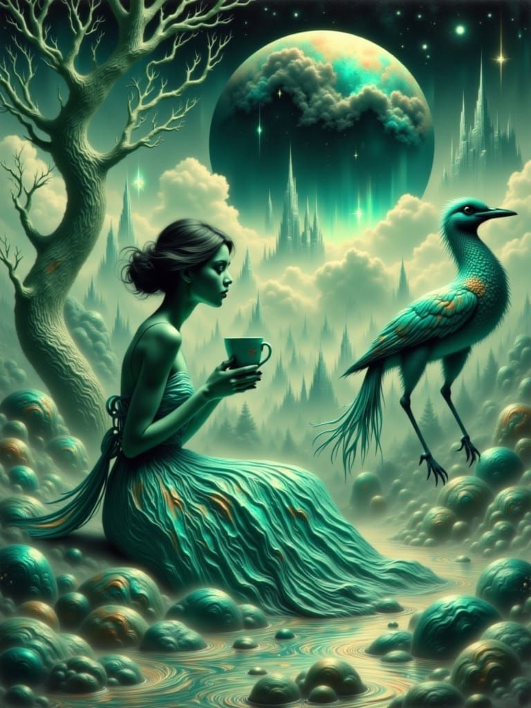 Morning coffee, a teal surreal woman wonderland