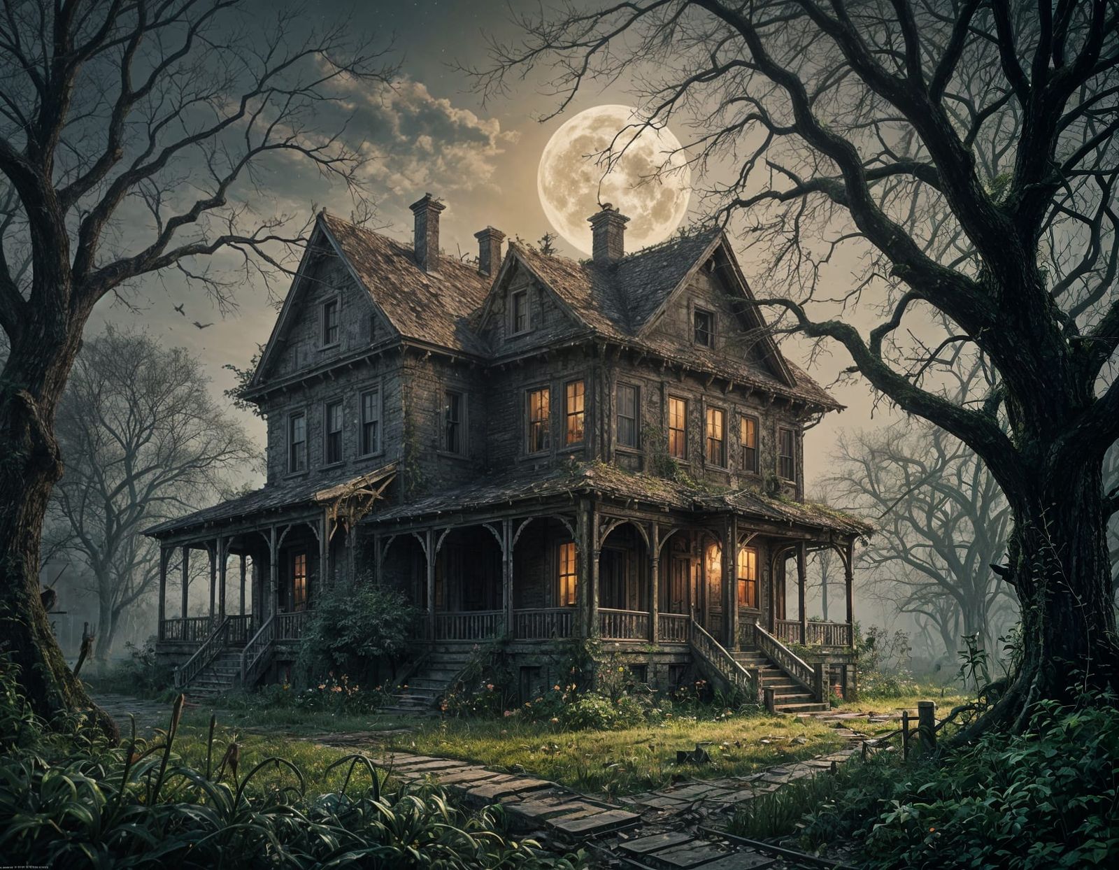 Mysterious Abandoned Mansion Under a Haunting Full Moon