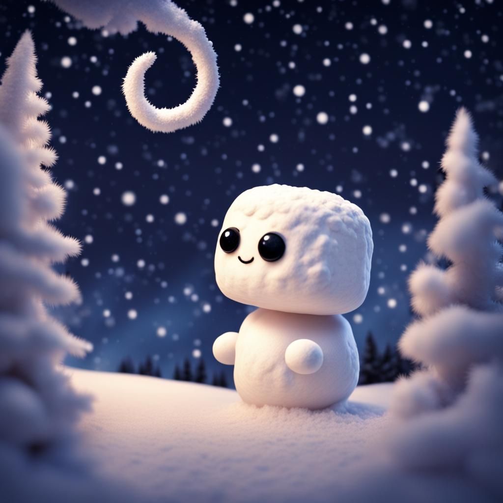 Marshmallow Creature Stargazing in Snowy Landscape