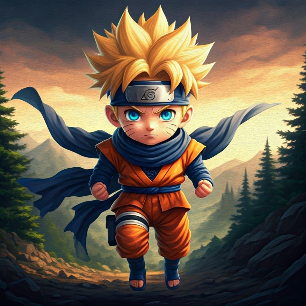 Heroic Chibi Fusion of Naruto and Goku in Vibrant Ninja-Saiy...