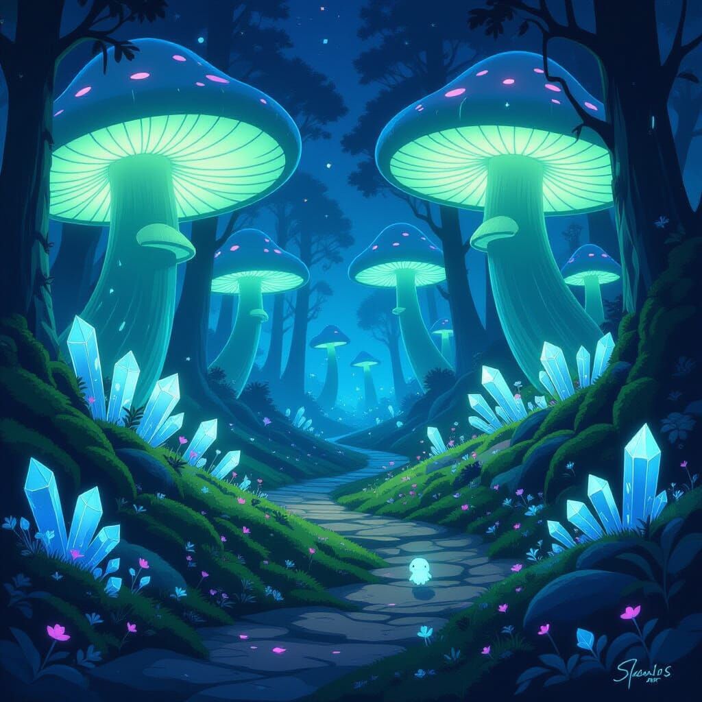 Bioluminescent Forest Twilight with Glowing Mushrooms