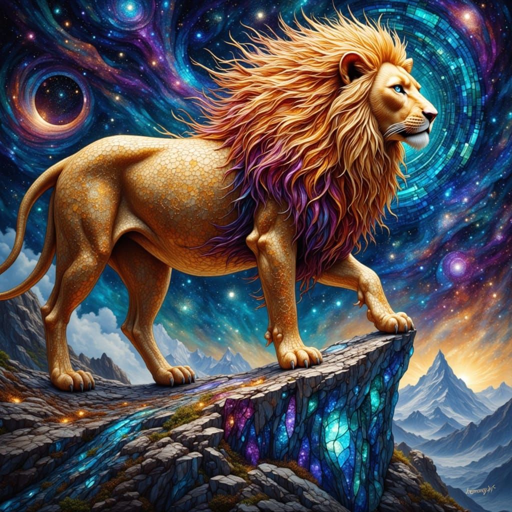 Stardust Lion on Crystalline Peak in Fantasy Style