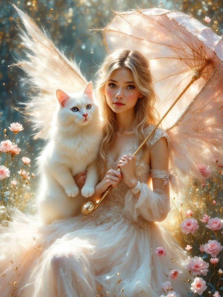 Ethereal Woman with Fairy Wings and Persian Cat