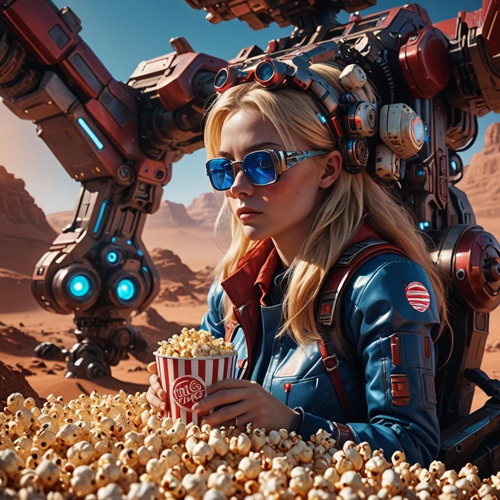 Woman on Mars Watching Movie in Sci-Fi Style