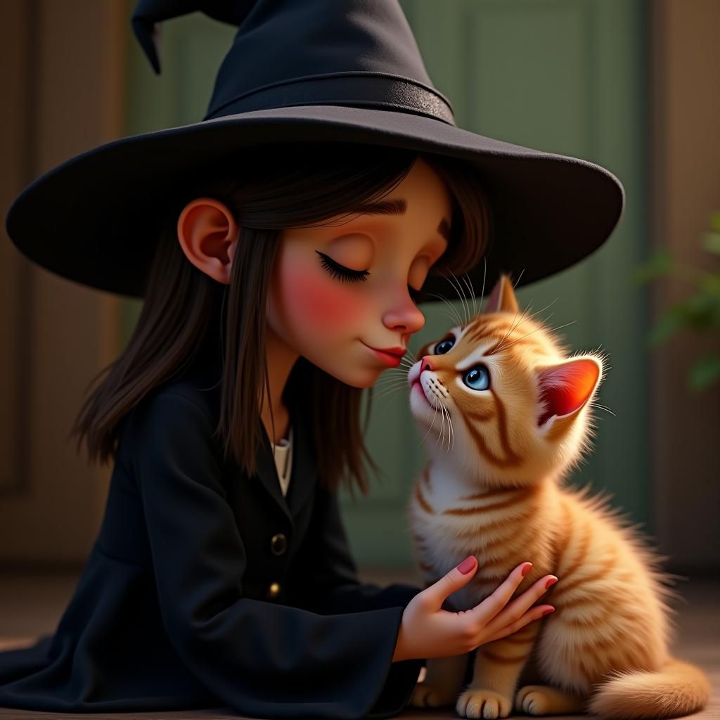 Whimsical Witch Kisses Kitten: Digital Art