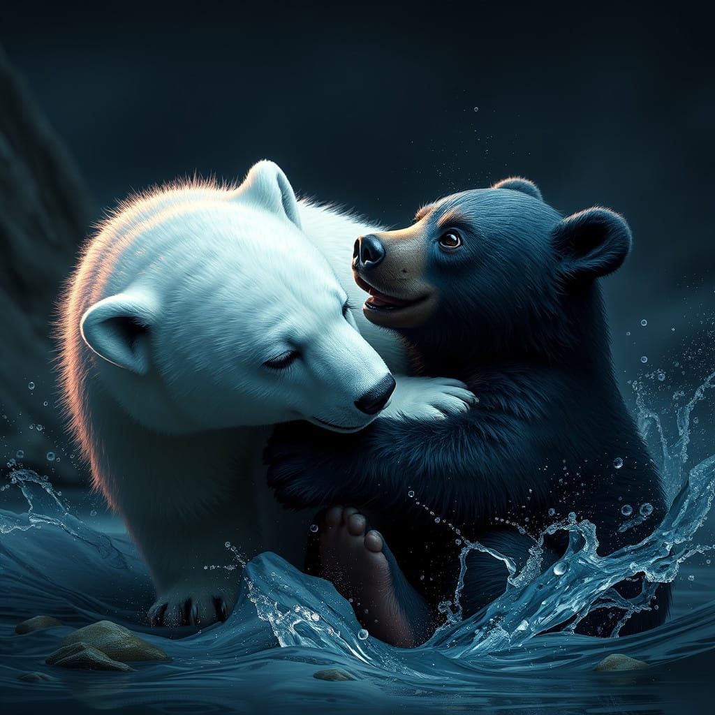 Fantastical Bear Cubs at Play in Vibrant, Dreamlike Landscap...