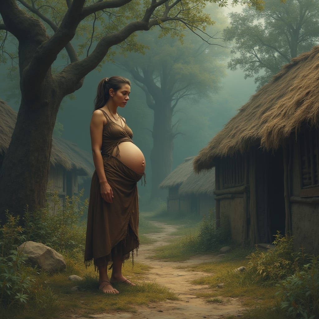 A Pregnant Peasant Woman in a Rural Village, Dreamlike Hyper...