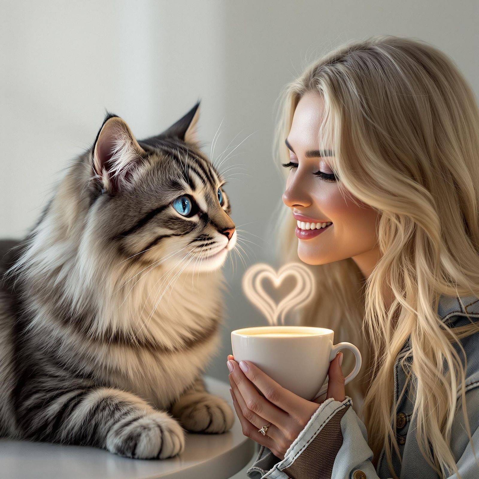 Chic Blonde Model Admires Striped Cat Amidst Modern Coffee S...