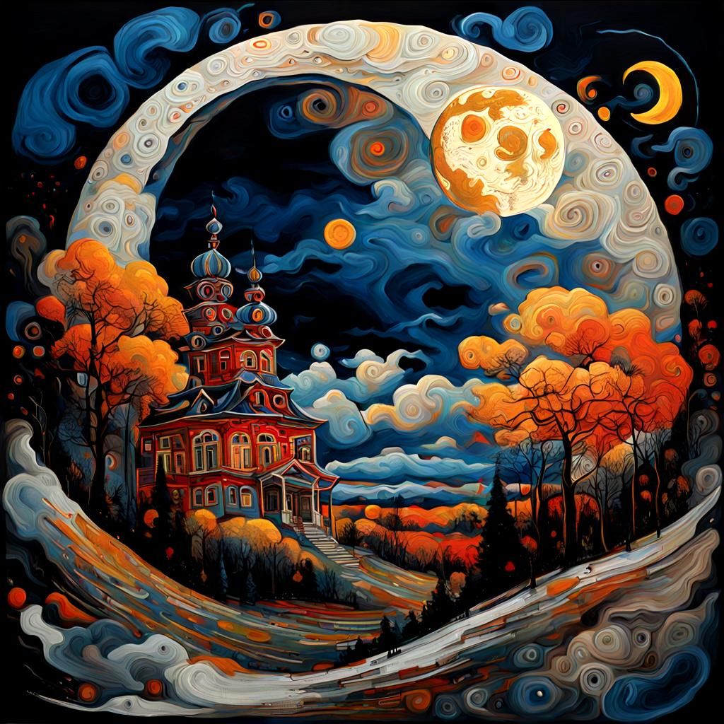 Golden Autumn Moon with Rococo Gothic Clouds