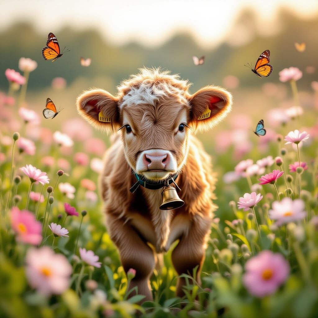 Fluffy Calf in Flower Field, Illustration Style