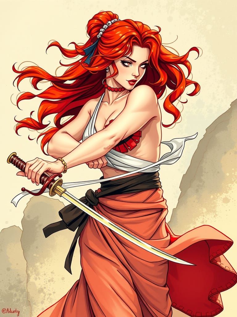 Red-Haired Woman with Katana in Comic Book Style