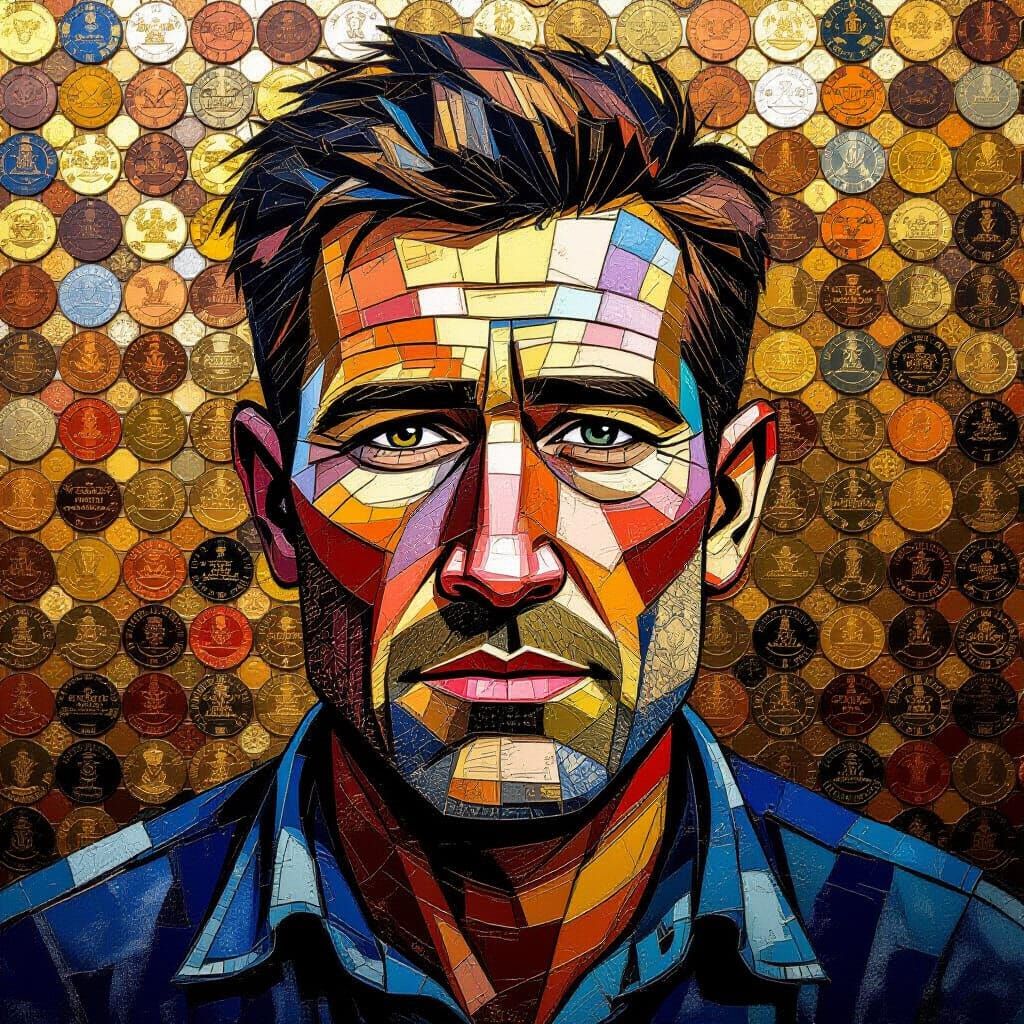 Man's Portrait Formed Entirely From Intricate Coin Arrangeme...