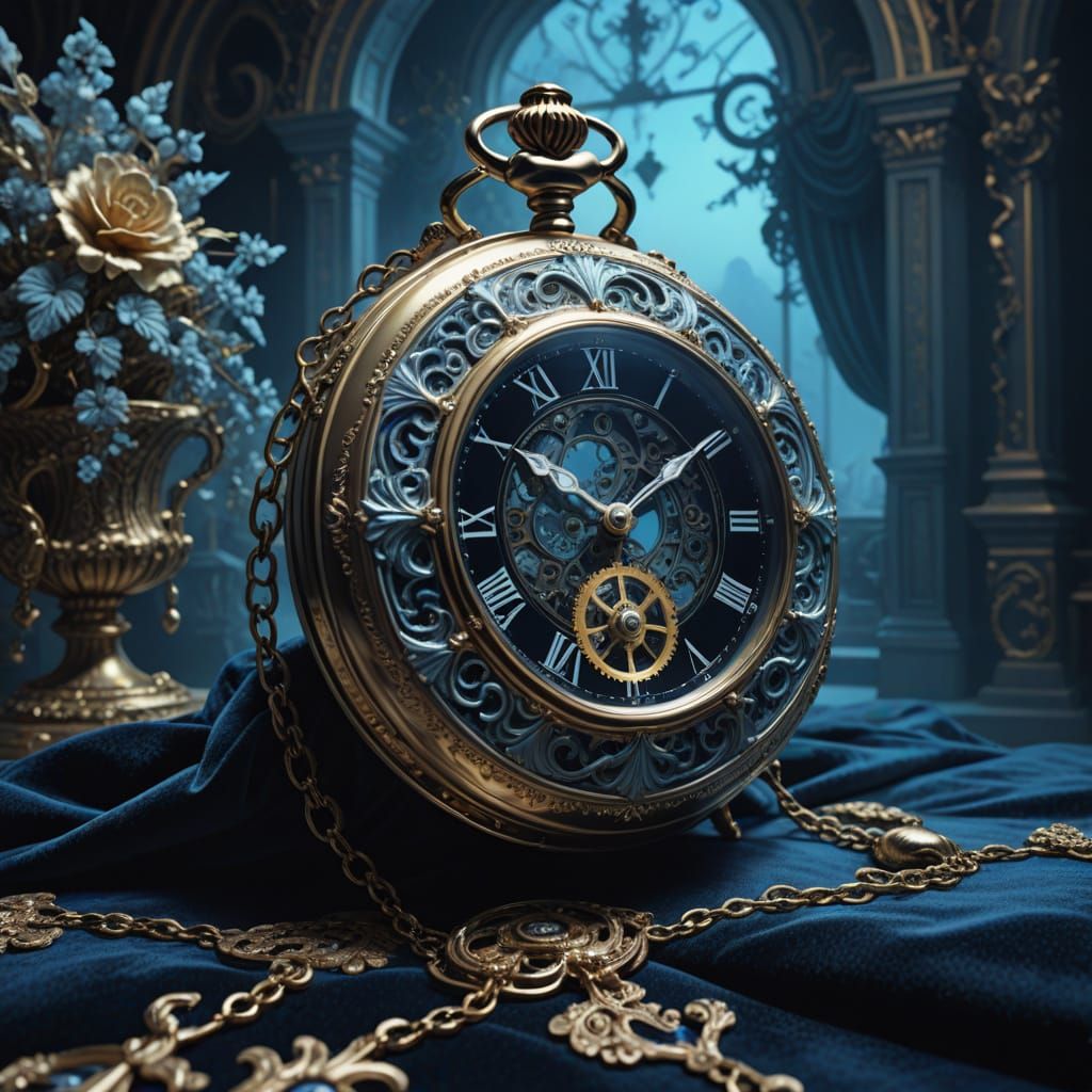 Surrealism. Close up. A misty micro clockwork pocket watch f...