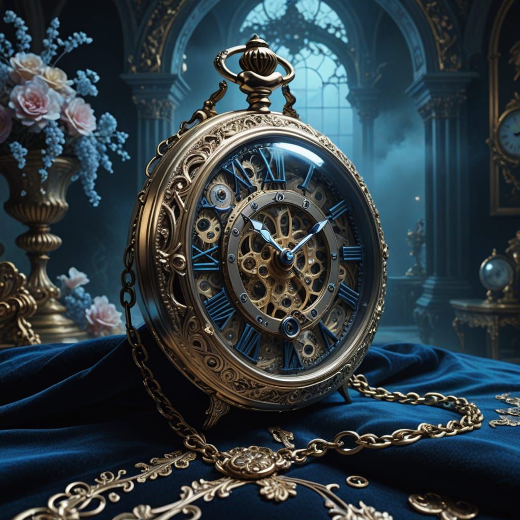 Surrealism. Close up. A misty micro clockwork pocket watch f...