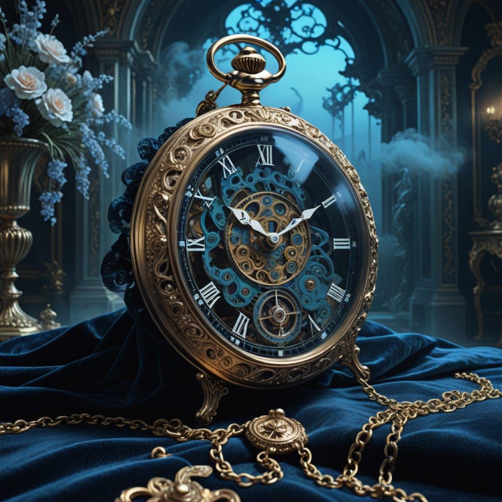Surrealism. Close up. A misty micro clockwork pocket watch f...