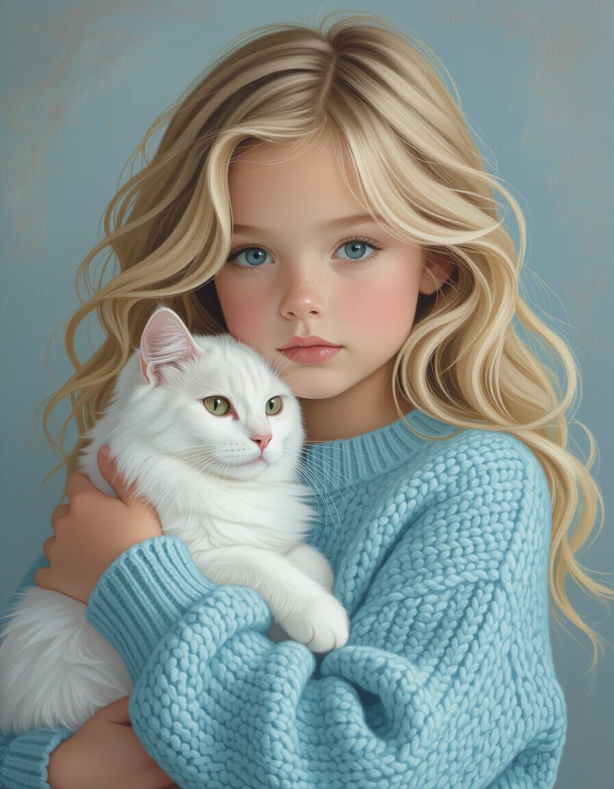 Girl with Cat Portrait in Pre-Raphaelite Style