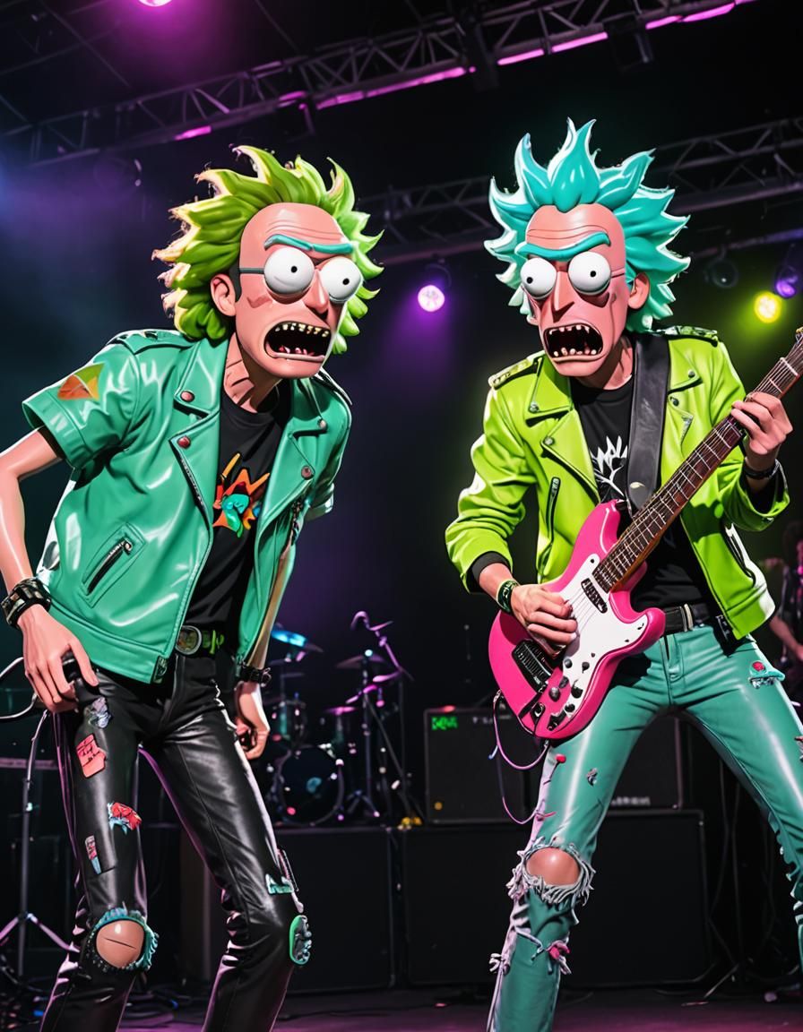 Rick and Morty Rock Concert in 1980s Style