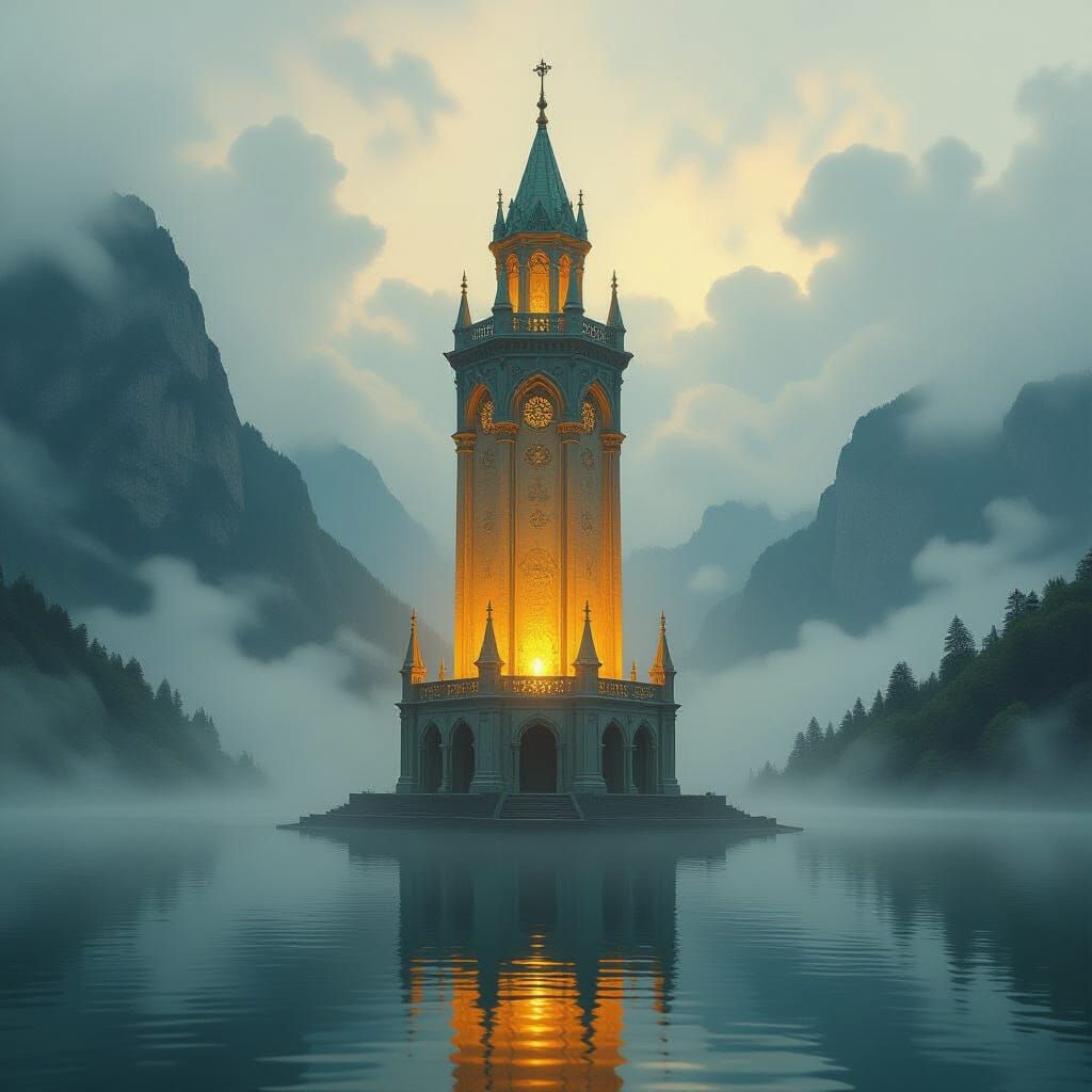 Bioluminescent Tower Rising from Misty Lake in Surrealist St...