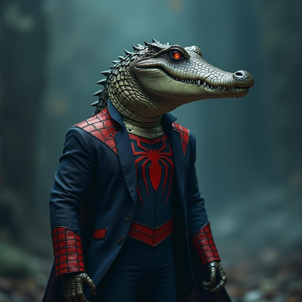Regal Crocodile in Spiderman Suit, Cinematic Lighting