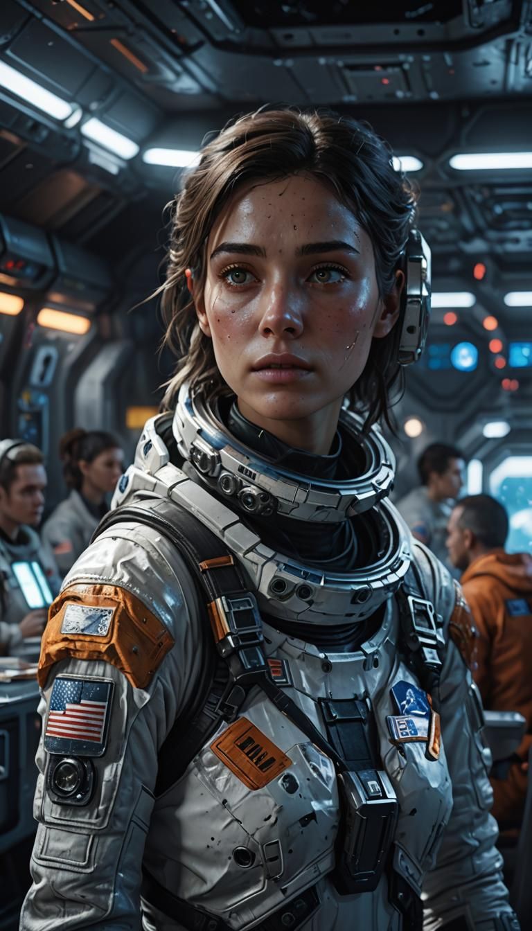 Sad ET Girl in Space Cafeteria: Sci-Fi Concept Art