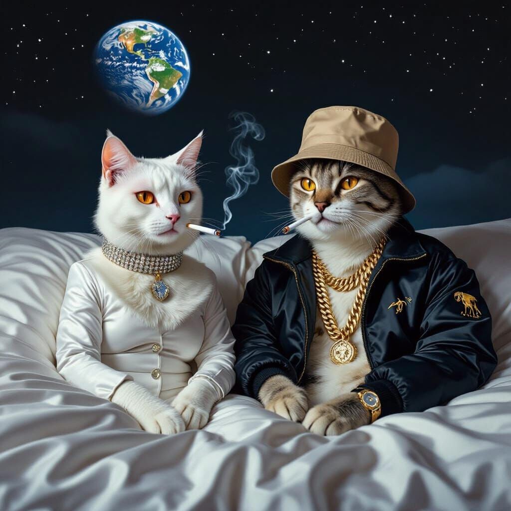 Two Cats Sharing Cigarettes with Earth View