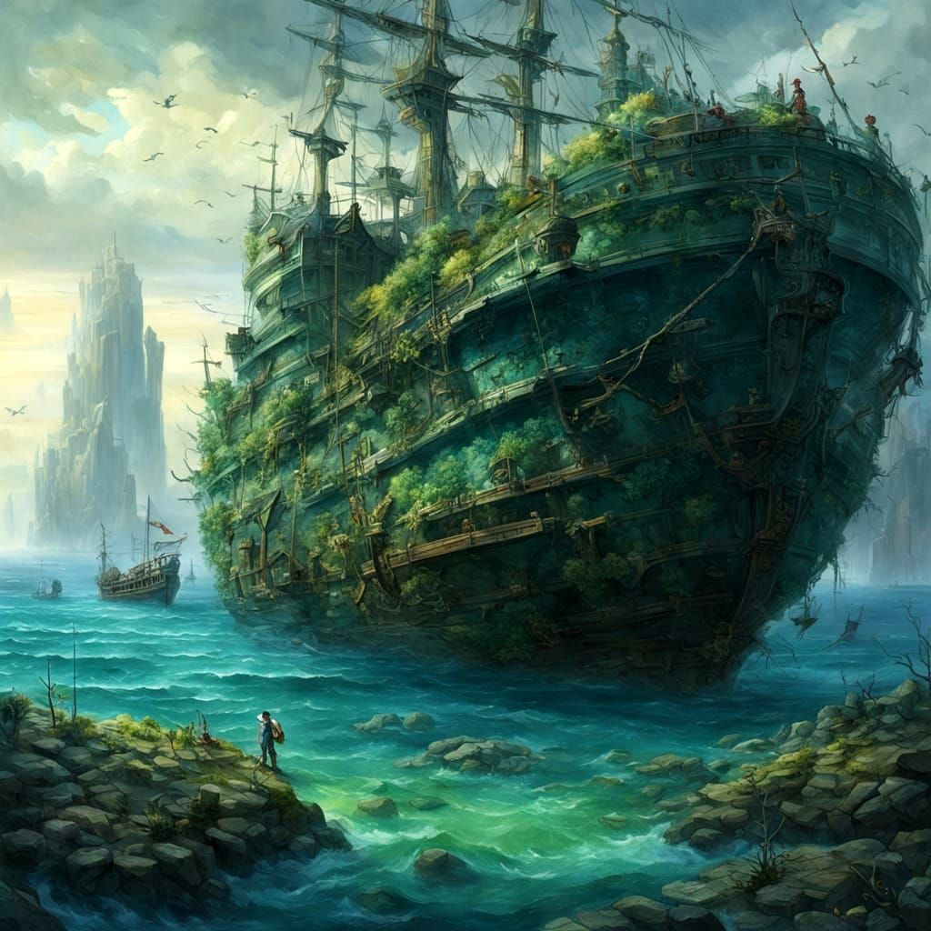 Eerie Haunted Shipwreck in Hyperdetailed Ocean Landscape