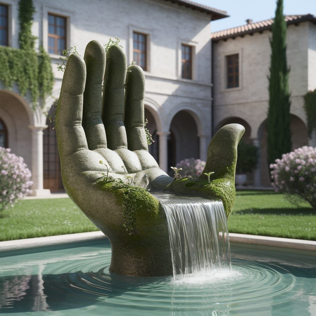 Mossy Stone Hand Fountain in Courtyard